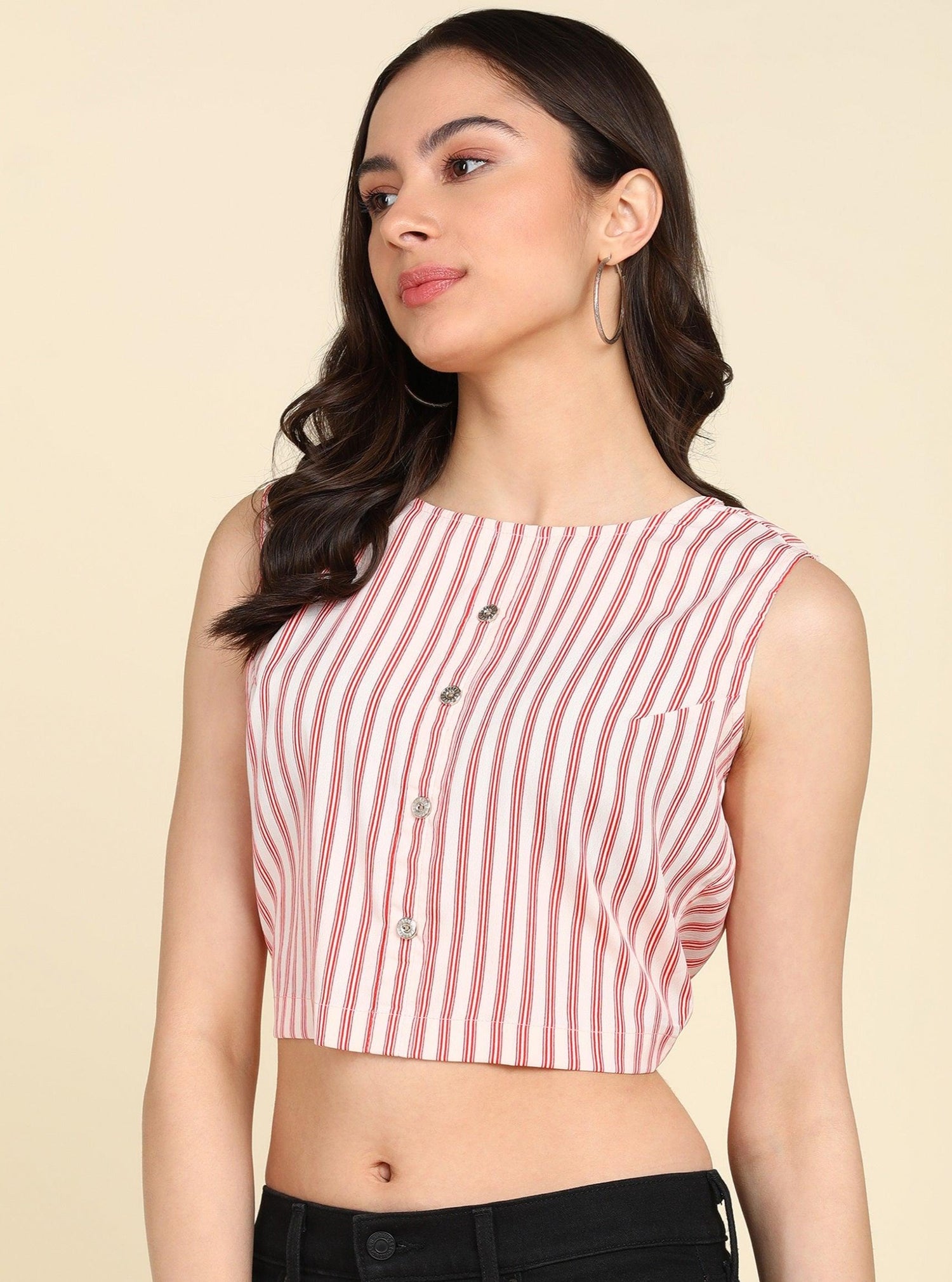 Cream &amp; Red Striped Styled Back Crop Top - Znxclothing
