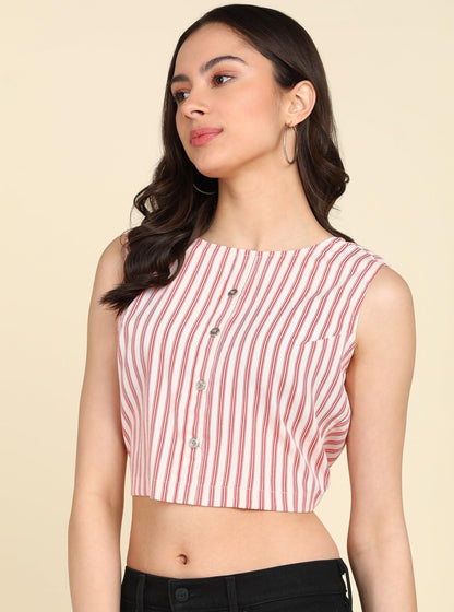 Cream &amp; Red Striped Styled Back Crop Top - Znxclothing
