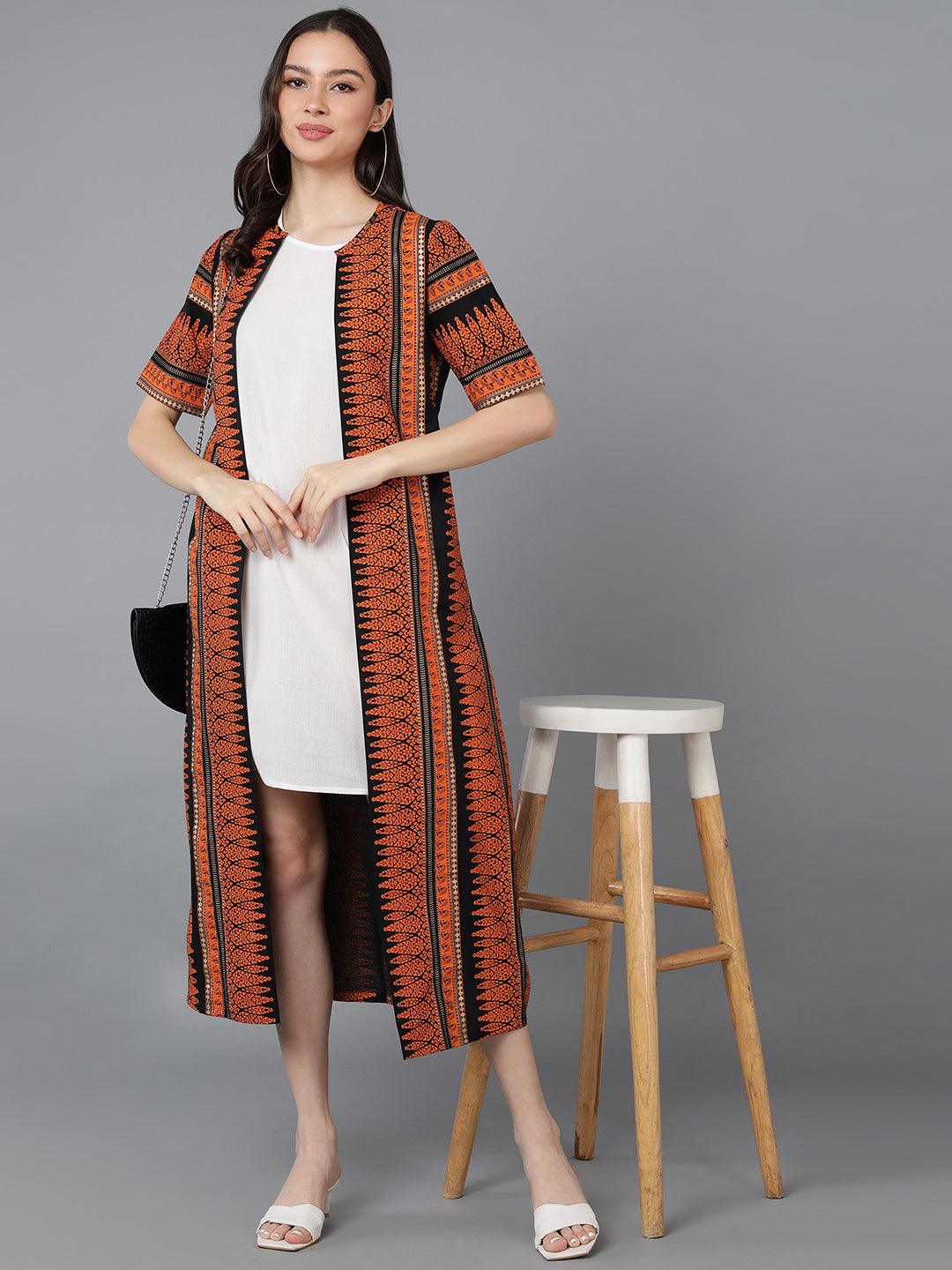 Solid White Dress With Trible Printed Jacket - Znxclothing