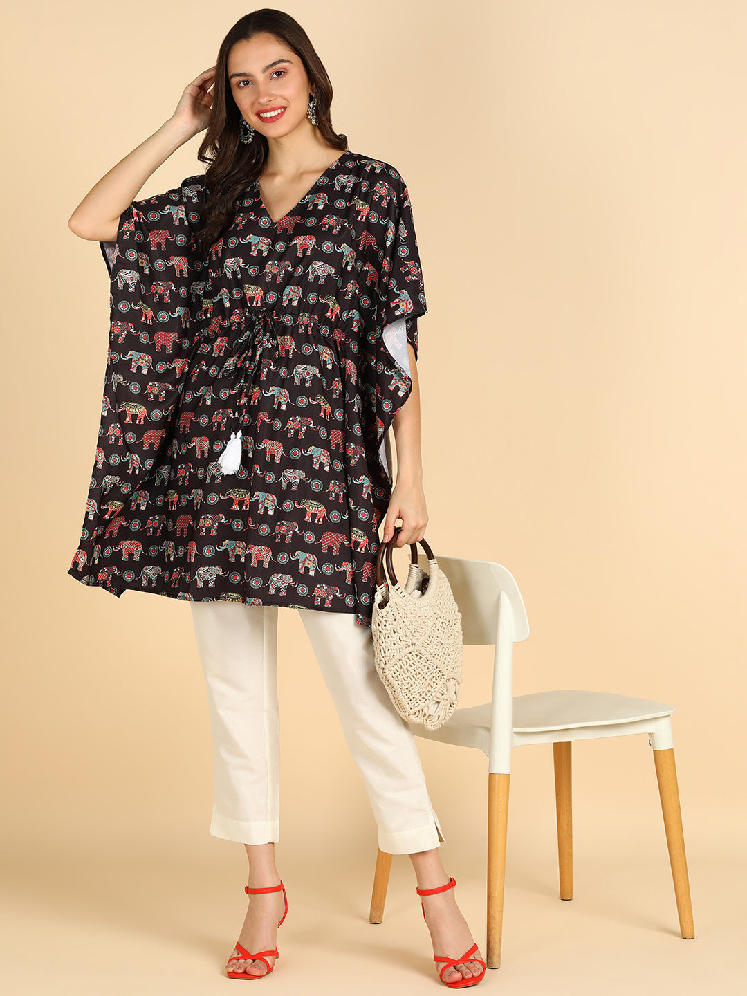 Ethnic Motifs Printed Black Kaftan With Tassel Details