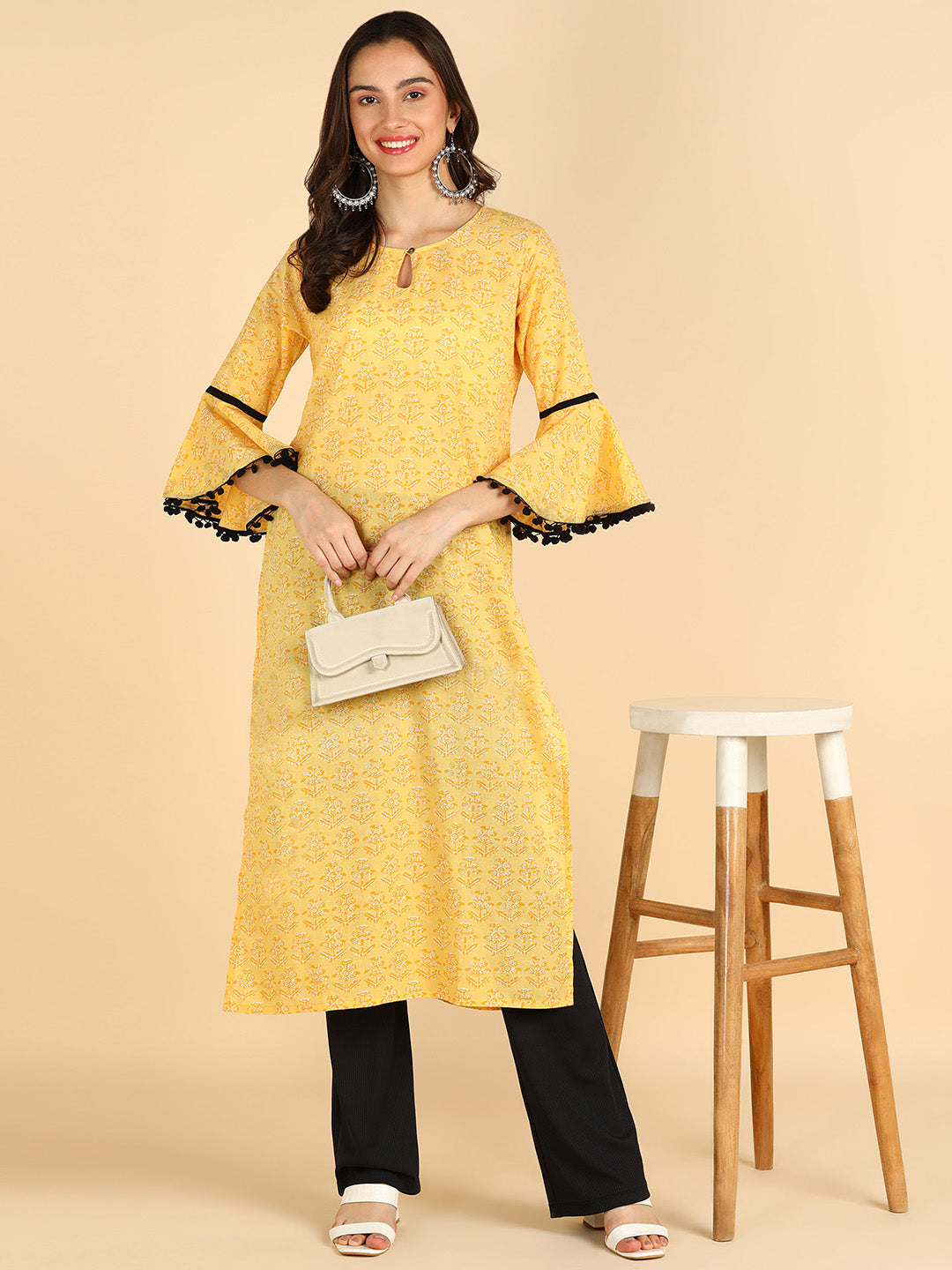 Floral Printed Straight Yellow Kurta With Sleeve Detailing