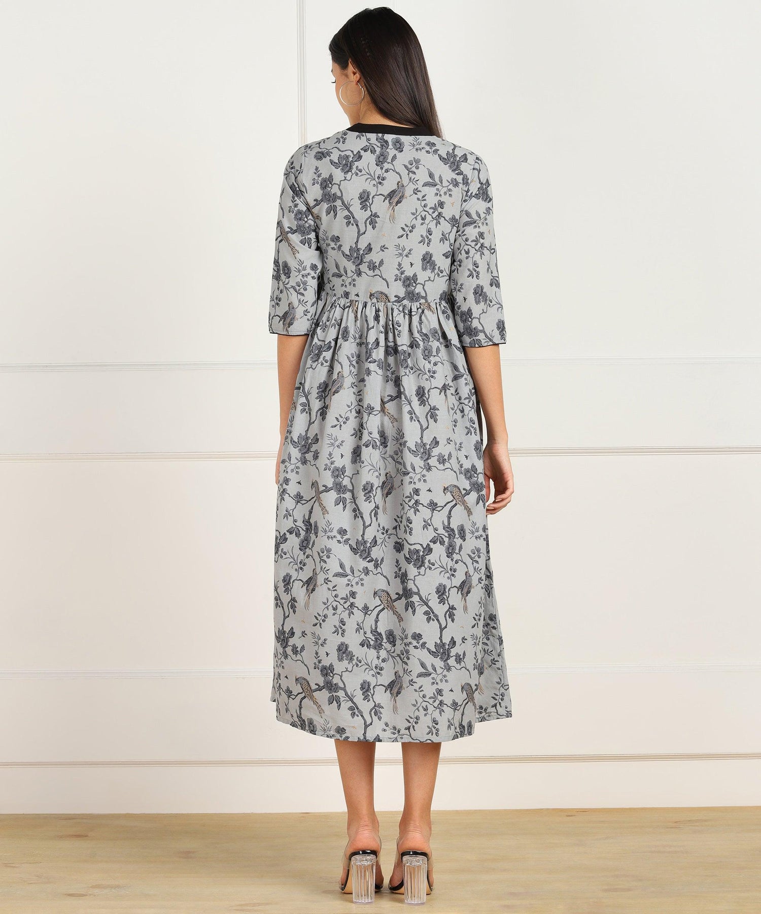 Znx Grey Black Printed Flared Dress - Znxclothing