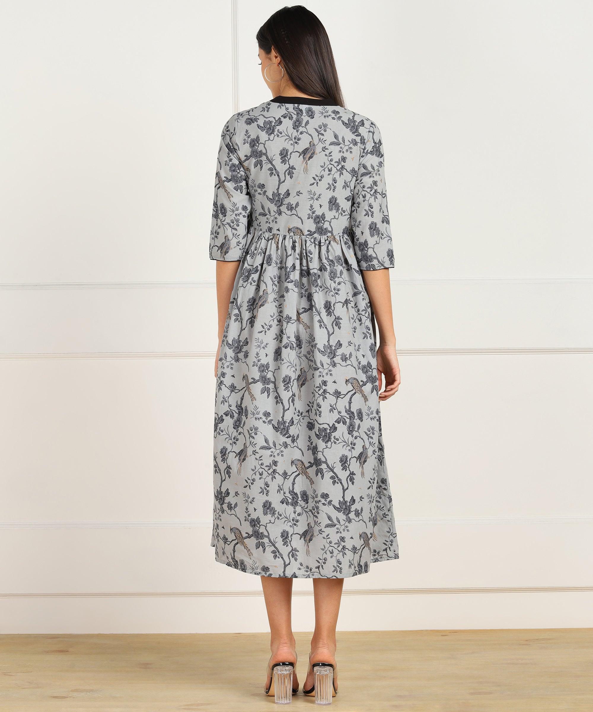 Znx Grey Black Printed Flared Dress - Znxclothing