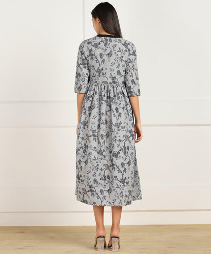 Znx Grey Black Printed Flared Dress - Znxclothing
