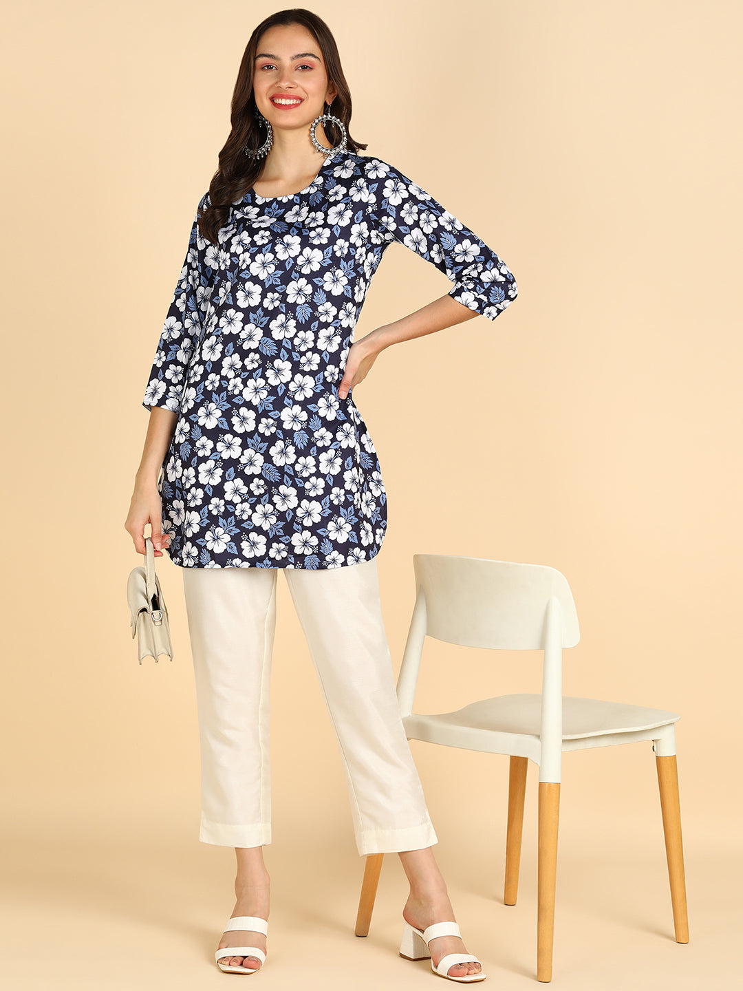 White Floral Printed Blue Straight Kurti