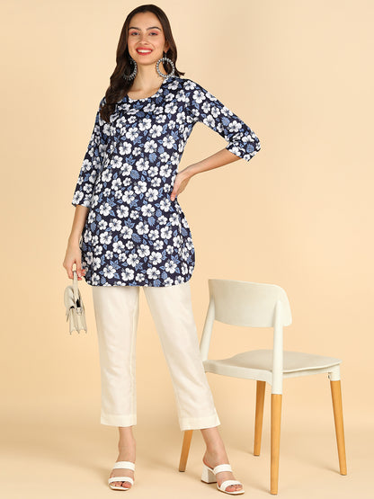 White Floral Printed Blue Straight Kurti