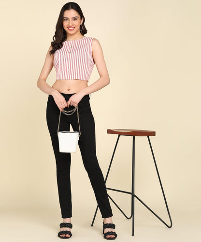 Cream &amp; Red Striped Styled Back Crop Top - Znxclothing