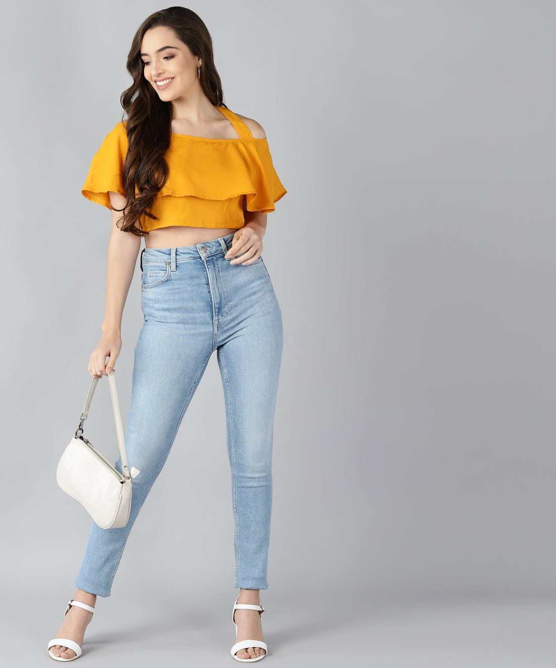 Women Shoulder Straps Yellow Solid Top - Znxclothing