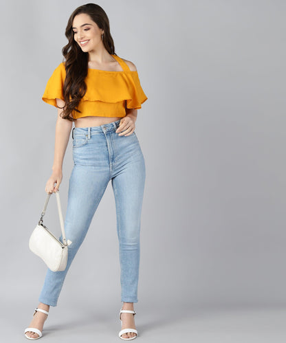 Women Shoulder Straps Yellow Solid Top - Znxclothing