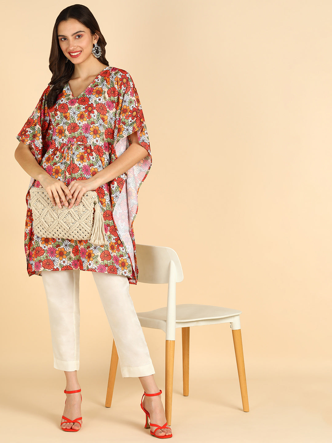 Multi Color Printed Kaftan Kurta With Tassel Details