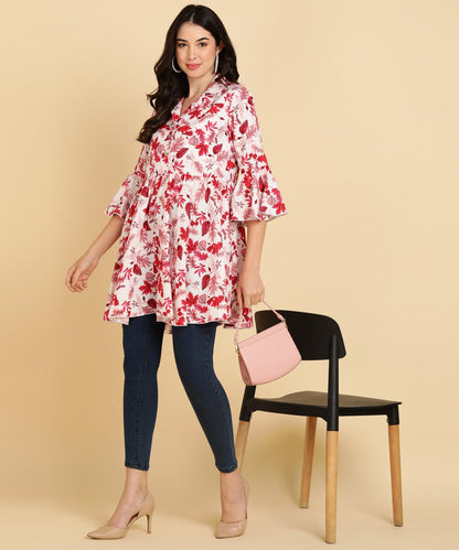 Pink Tropical Printed White Long Top - Znxclothing