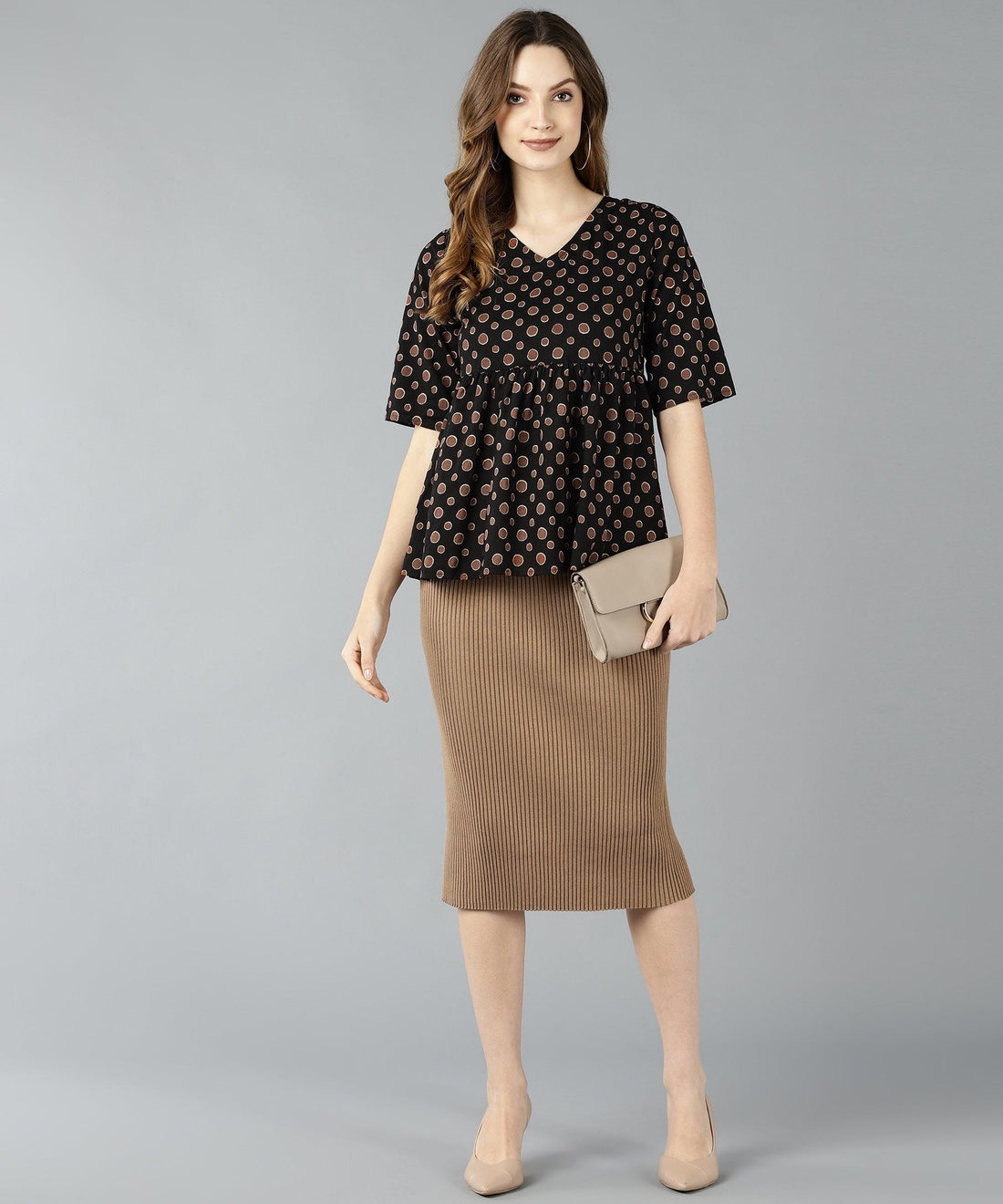 ZNX Women Brown Polka Printed Black Top - Znxclothing