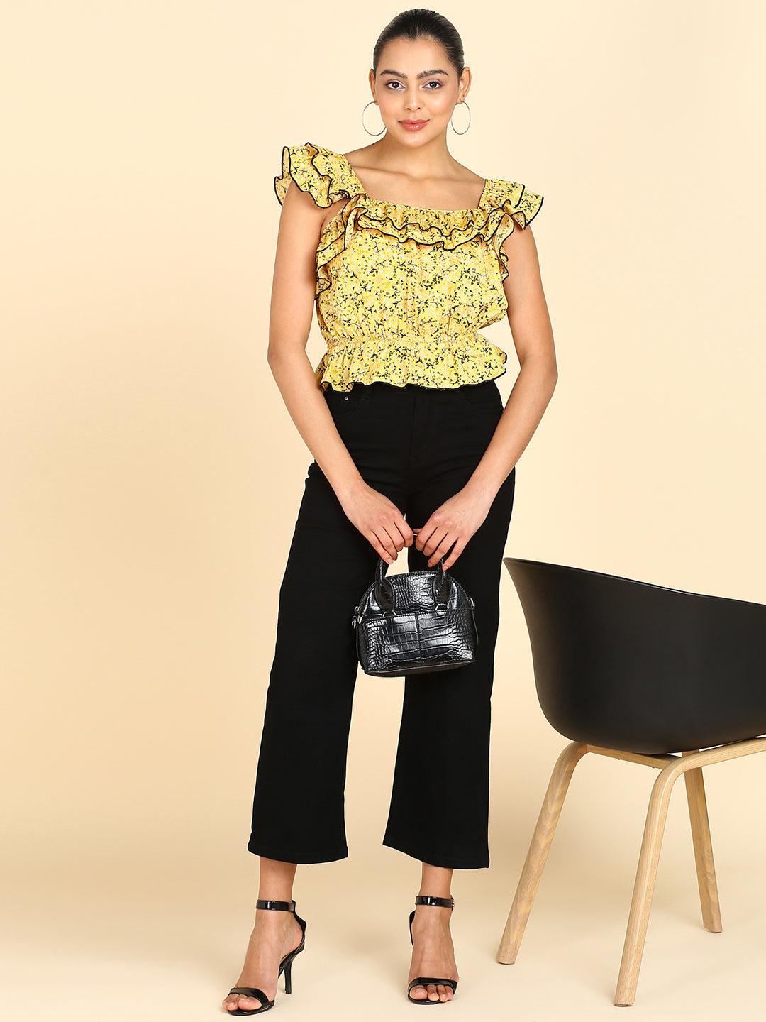 Floral Printed Yellow Empire Top - Znxclothing