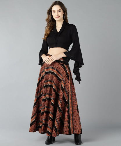 Znx Women Black Floral Printed Flared Crop top with skirt - Znxclothing