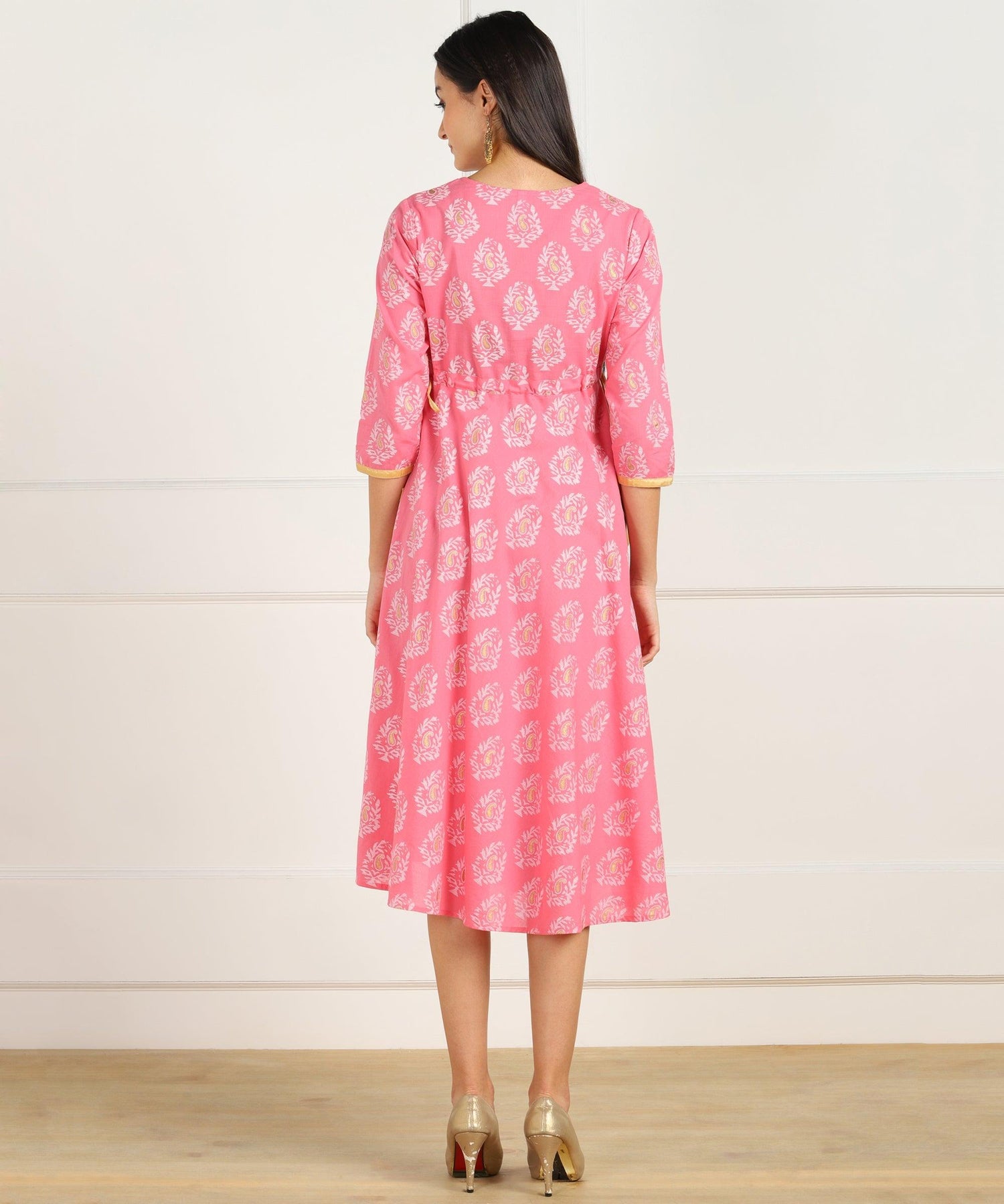Znx Pink Gold Floral Printed Flared Dress - Znxclothing