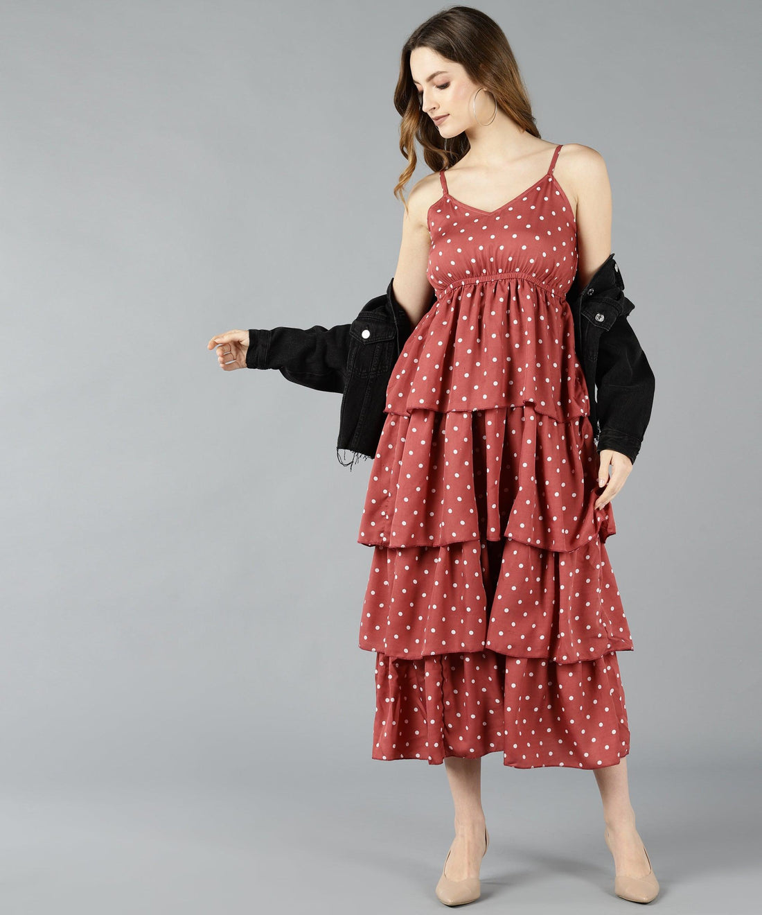 Znx Women White Dot Printed Pink Tiered Dress - Znxclothing