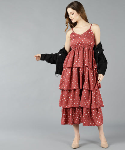 Znx Women White Dot Printed Pink Tiered Dress - Znxclothing
