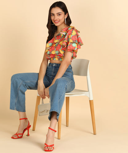 Orange Printed One Shoulder Stylish Sleeve Top