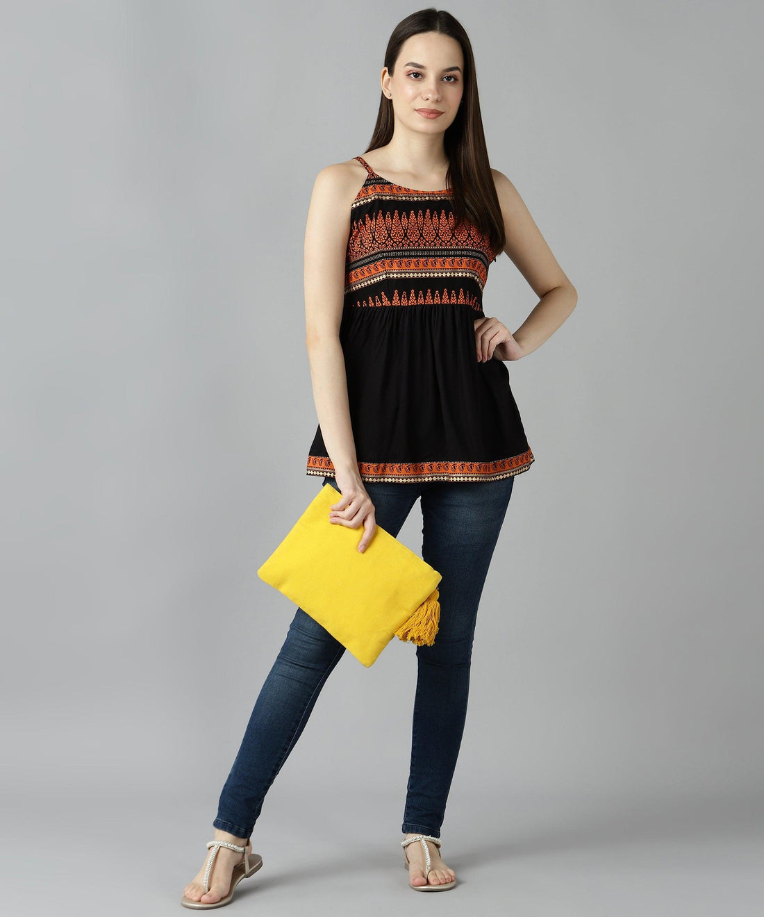 Znx Women Orange Gold Printed Black Top - Znxclothing