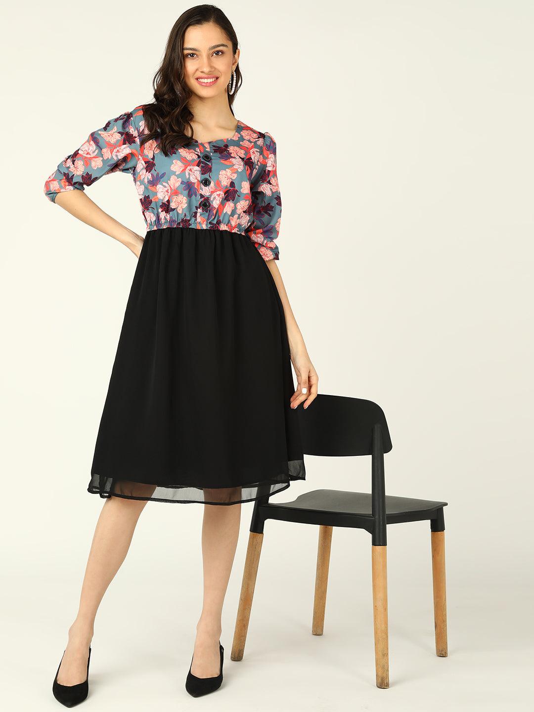 Peach Floral Printed Grey &amp; Black Dress - Znxclothing