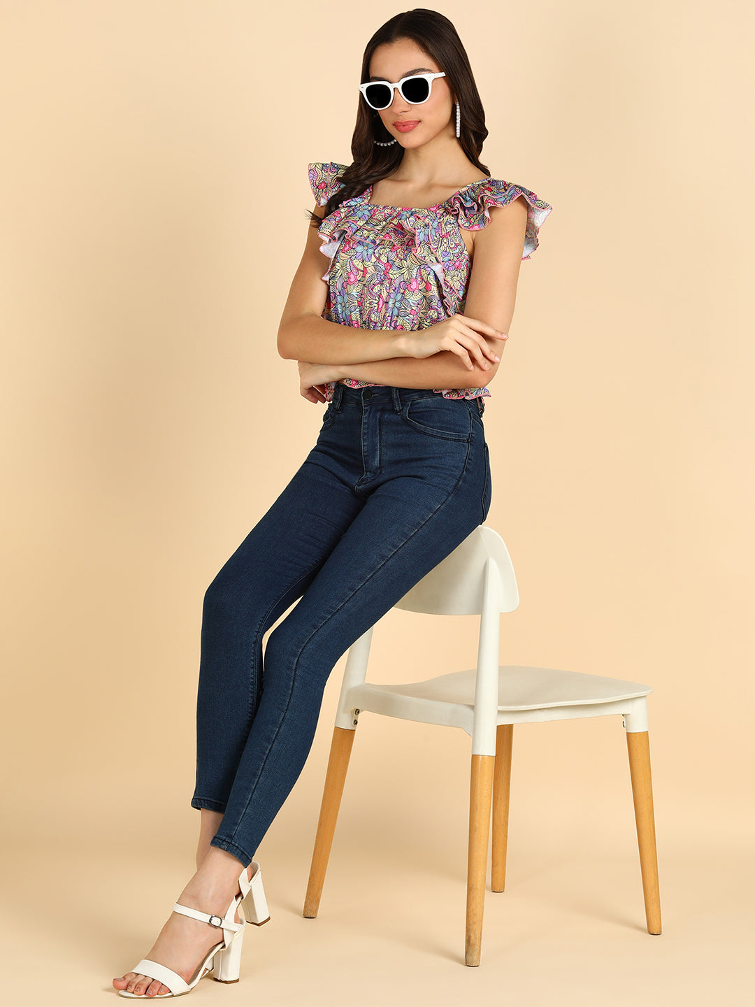 Muticolor Printed Frilled Sleeveless Top