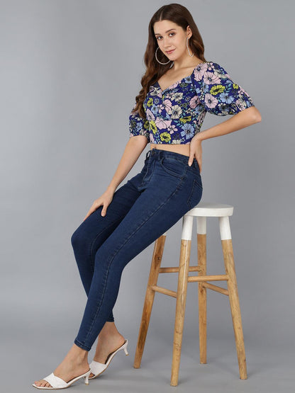Smocked Floral Printed Blue Crop Top - Znxclothing