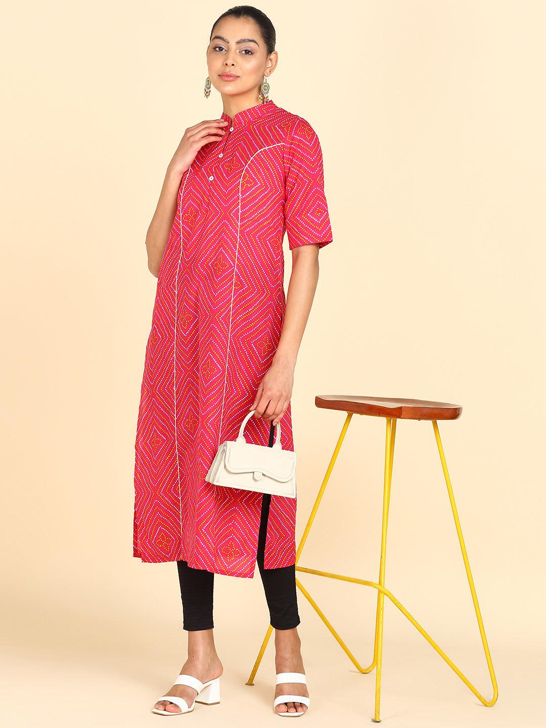 Pink Bandhani Printed Princess Cut Straight Kurta - Znxclothing