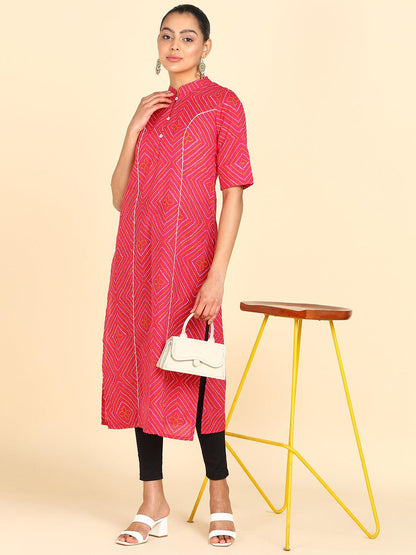 Pink Bandhani Printed Princess Cut Straight Kurta - Znxclothing