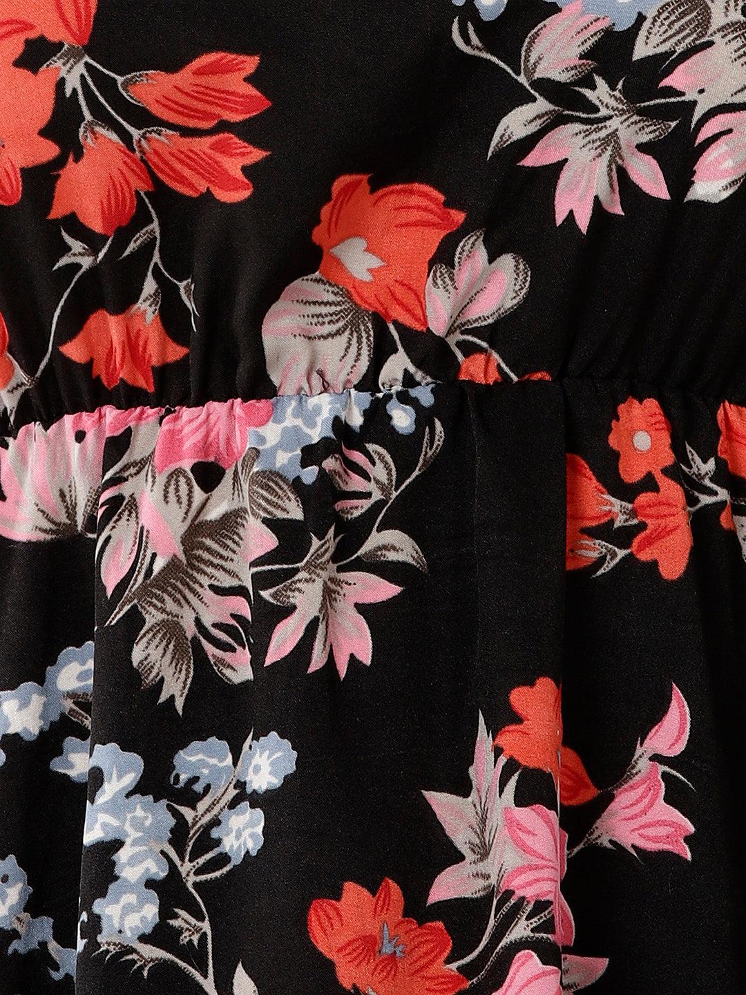 Znx Women Red Floral Printed Black Maxi Dress - Znxclothing