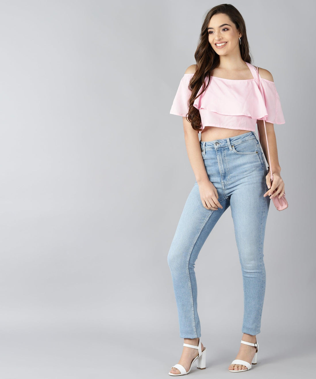 Women Baby Pink Shoulder Straps Top - Znxclothing