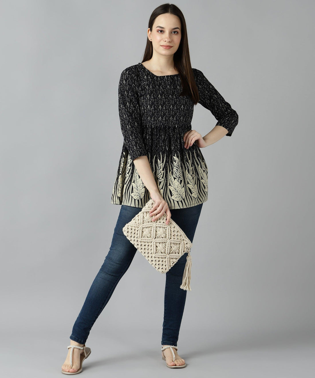 Znx Women Leaf Border Printed Black Top - Znxclothing