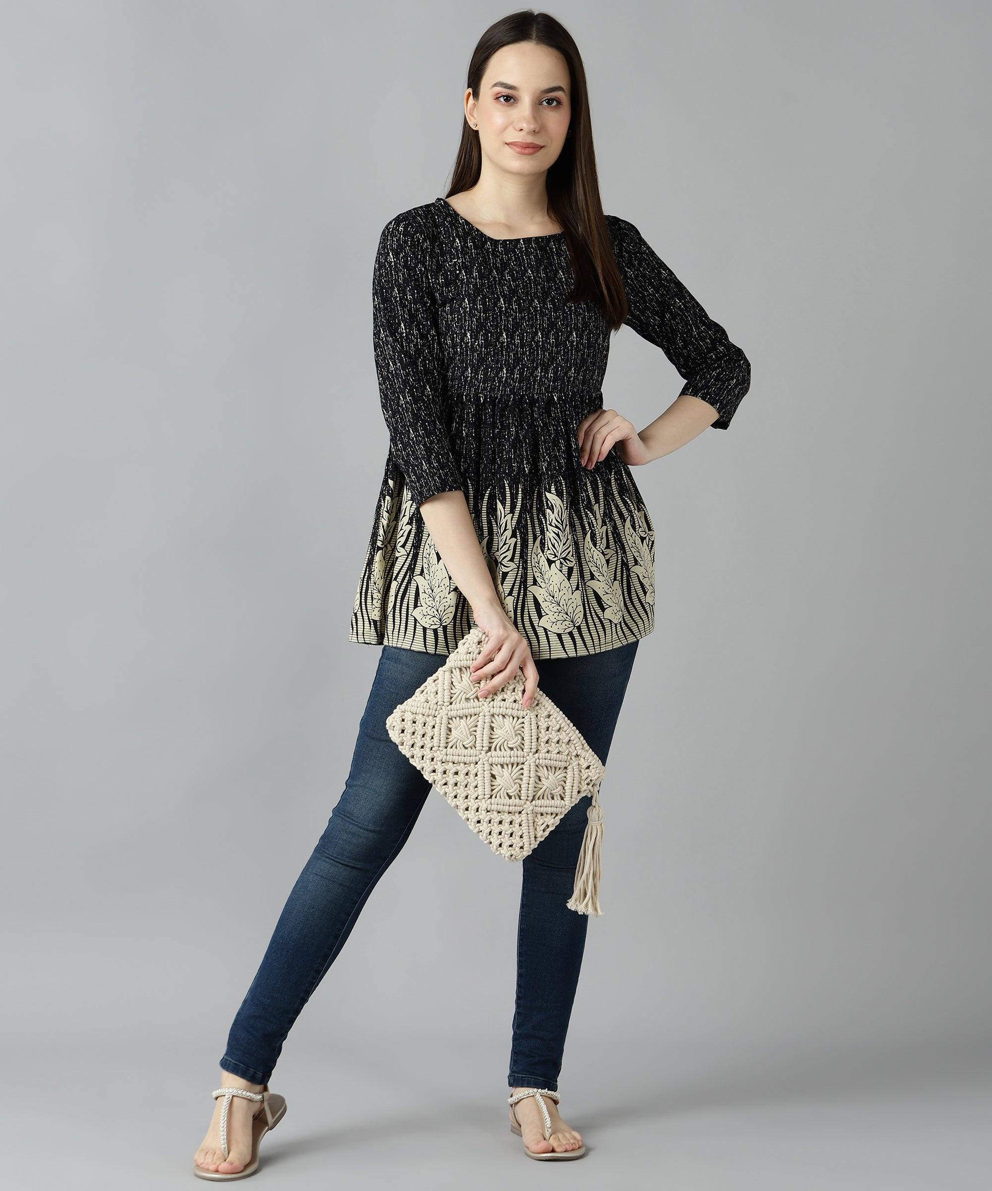 Znx Women Leaf Border Printed Black Top - Znxclothing