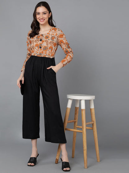 Yellow Printed Jumpsuit With Smocked Sleeve - Znxclothing