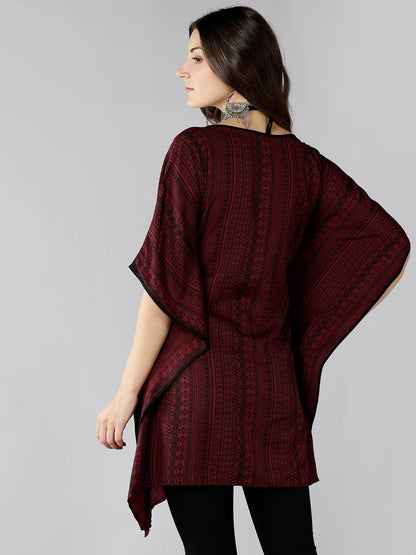 Znx Women Maroon Black Printed Kaftan Kurti - Znxclothing