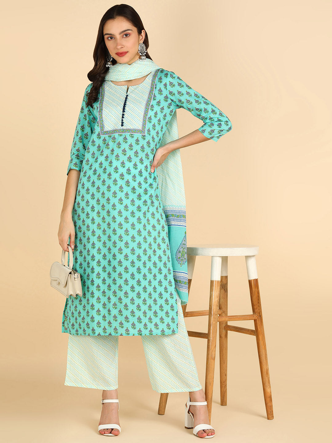 Women SeaGreen Printed Pure Cotton Kurta with Palazzos &amp; With Dupatta
