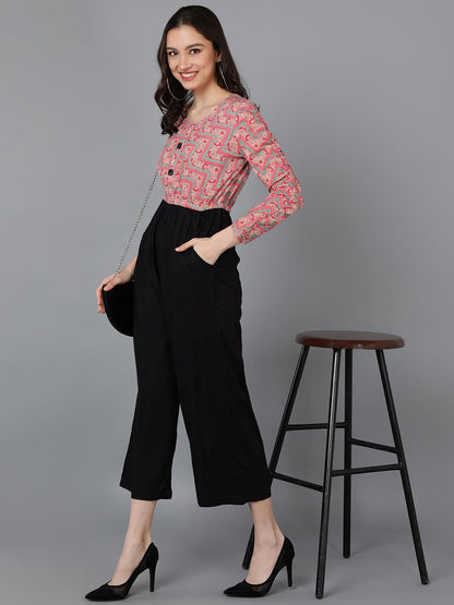 Pink Printed Jumpsuit With Smocked Sleeve - Znxclothing