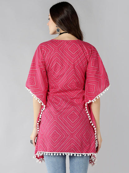 Znx Women Pink Bhandni Kaftan Kurti with Pompom Detailing - Znxclothing