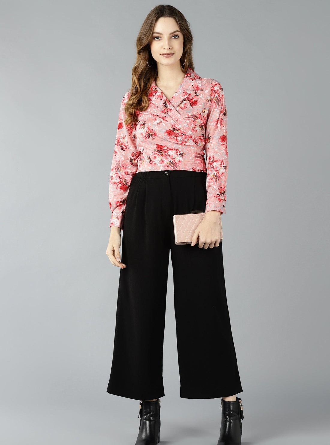 Znx Women Pink Floral Printed Wrap Top - Znxclothing