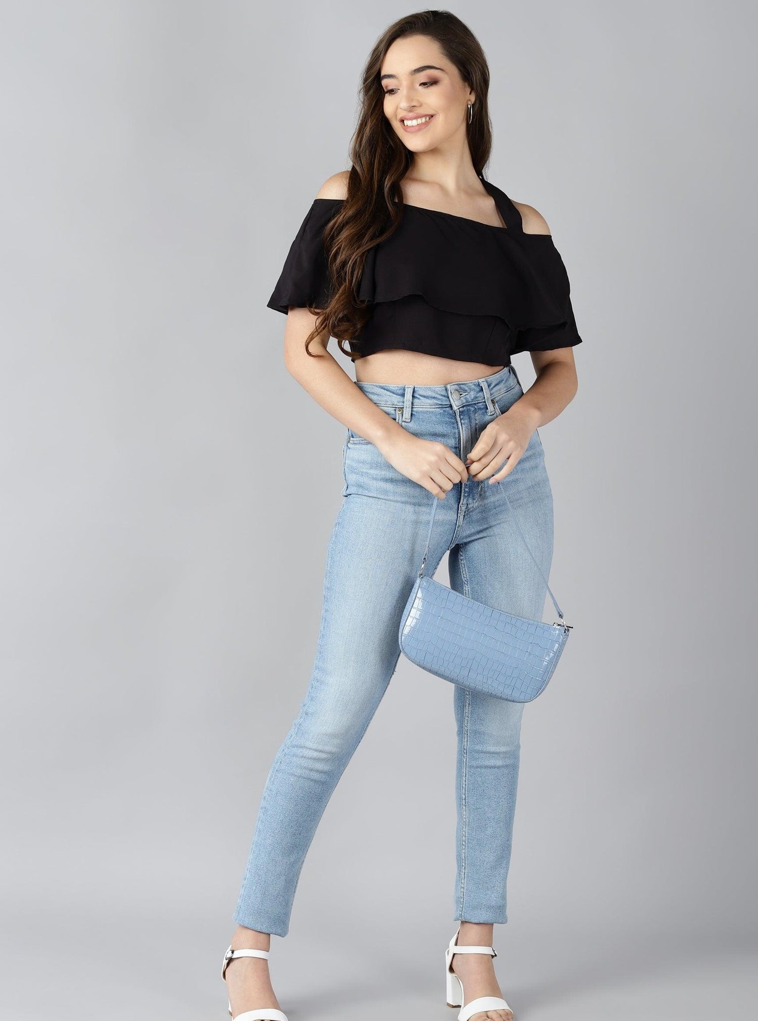 Women Shoulder Straps Black Solid Top - Znxclothing