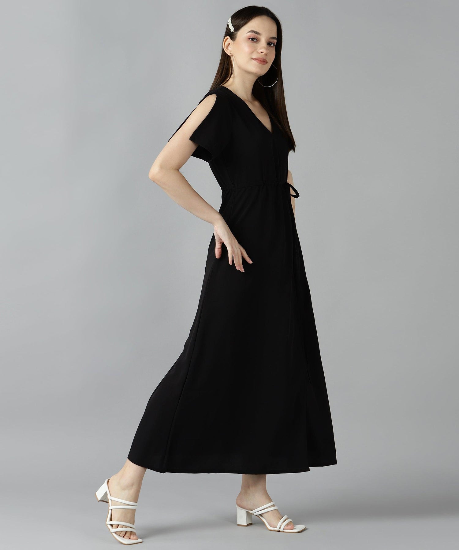 Znx Women Solid Black Fornt Slit Dress - Znxclothing