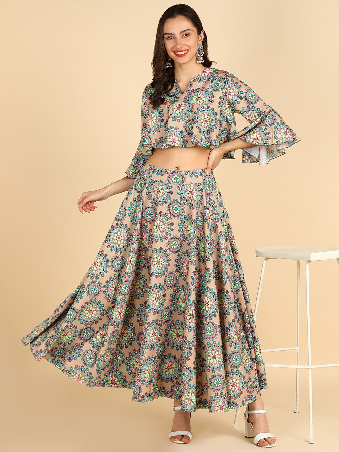 Floral Printed Beige Crop Top With Skirt
