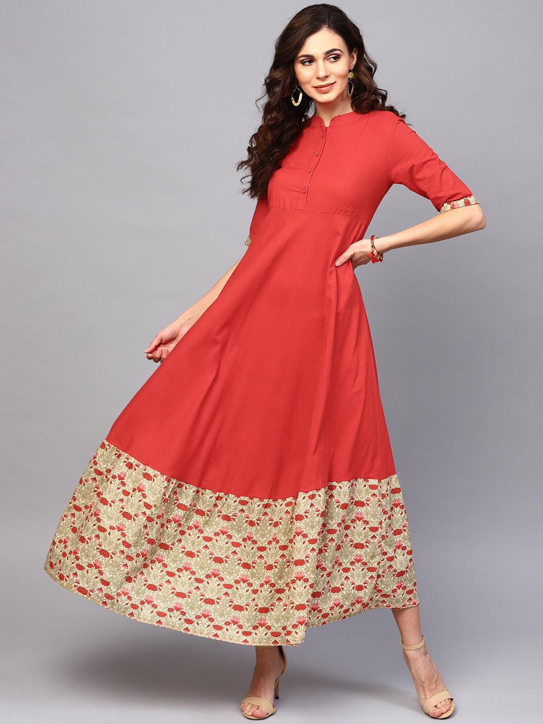 Red Solid Flared Maxi With Printed Hemline (Fully Stitched) - Znxclothing