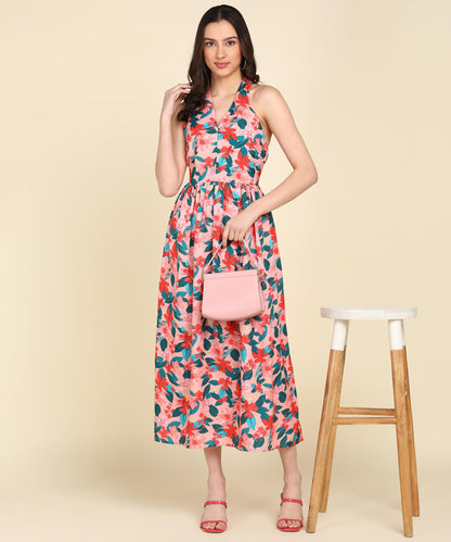 Red &amp; Green Floral Printed Halter Neck Dress - Znxclothing