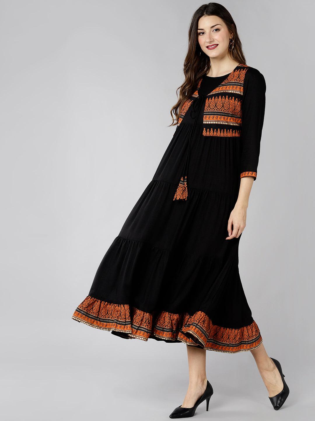 Znx Women Black Maxi Dress With Orange Printed Jacket - Znxclothing