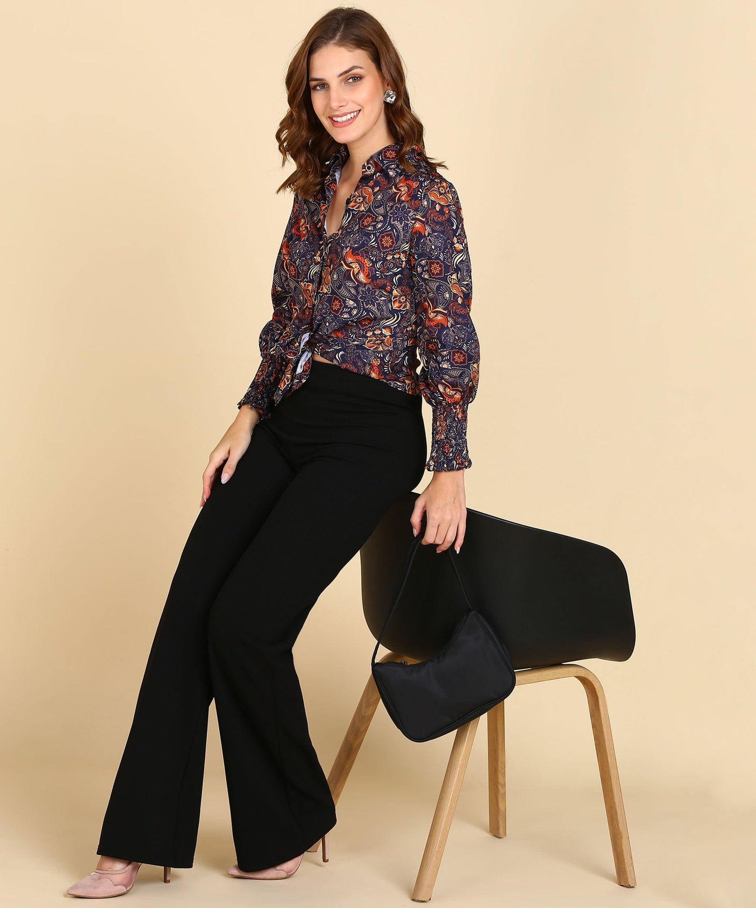 Ethnic Motifs Printed Shirt With Smocked Sleeve - Znxclothing