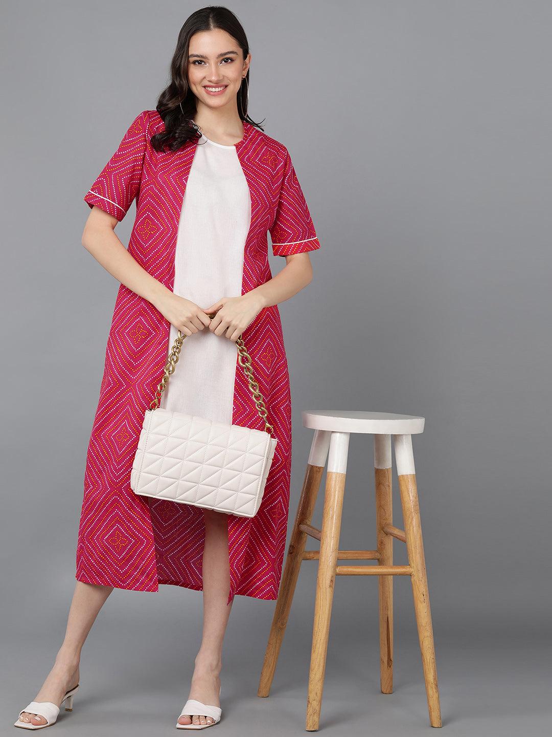 Solid White Dress With Bhandhani Printed Jacket - Znxclothing