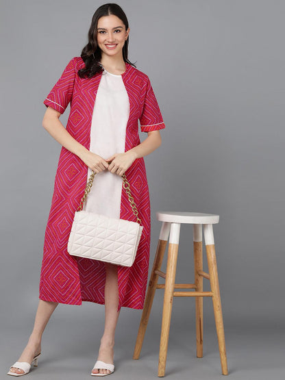 Solid White Dress With Bhandhani Printed Jacket - Znxclothing