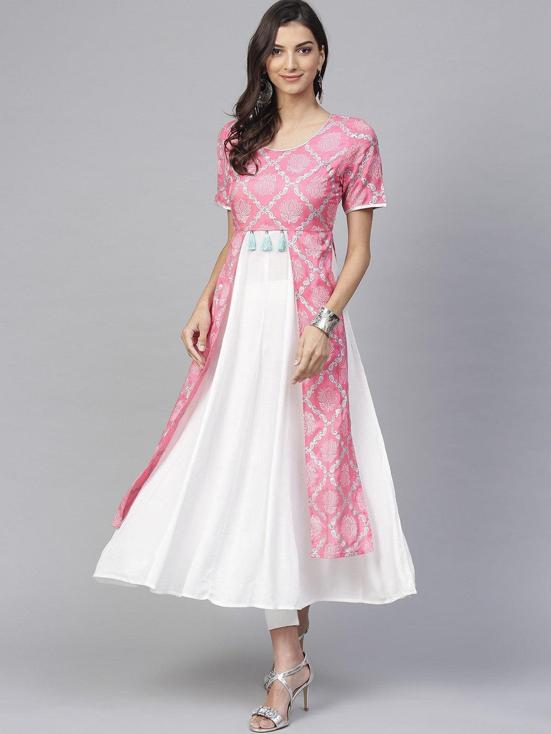 Lotus Inspired Front Open Printed Kurta With Tassels (Fully Stitched) - Znxclothing