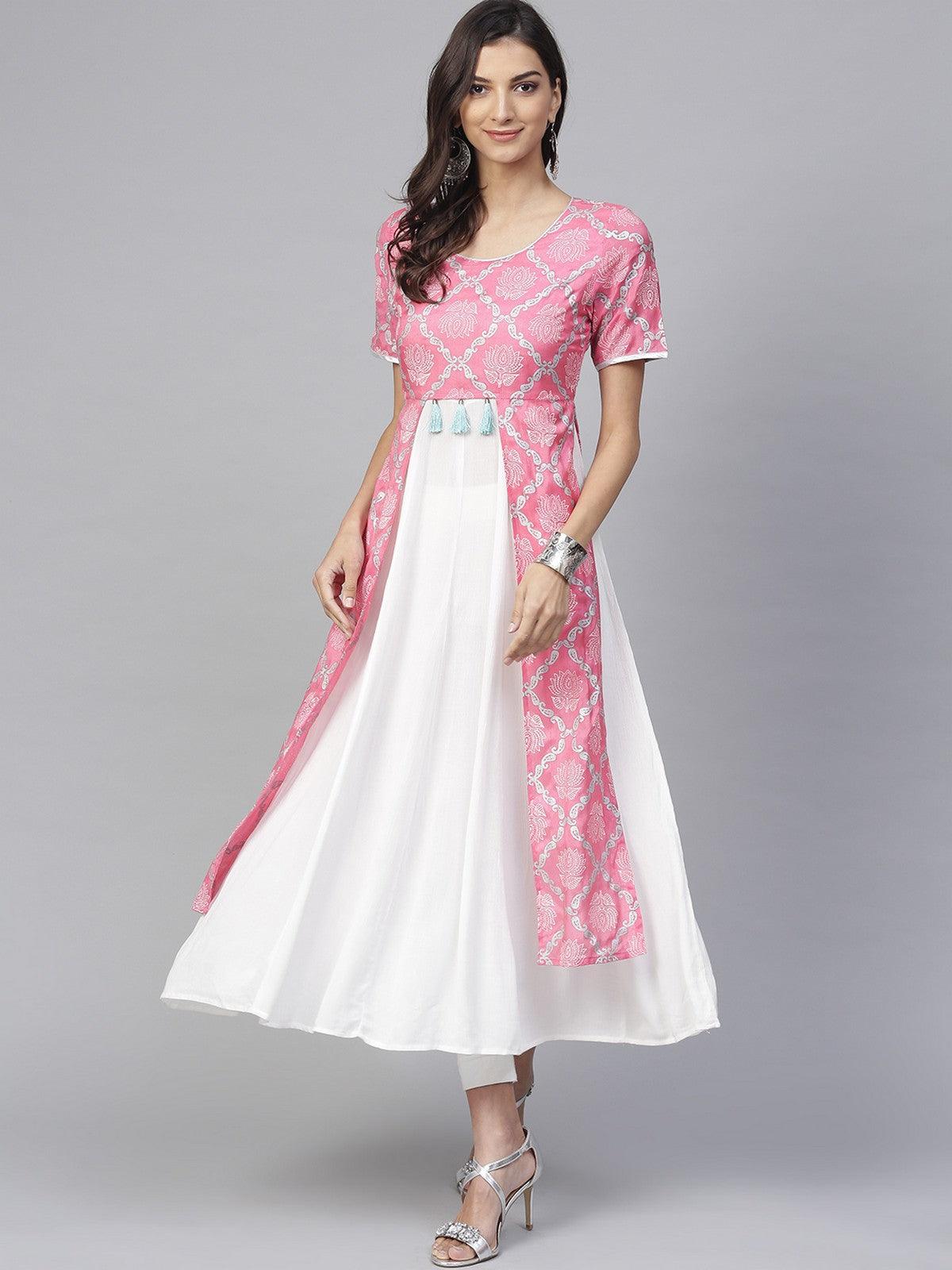 Lotus Inspired Front Open Printed Kurta With Tassels (Fully Stitched) - Znxclothing