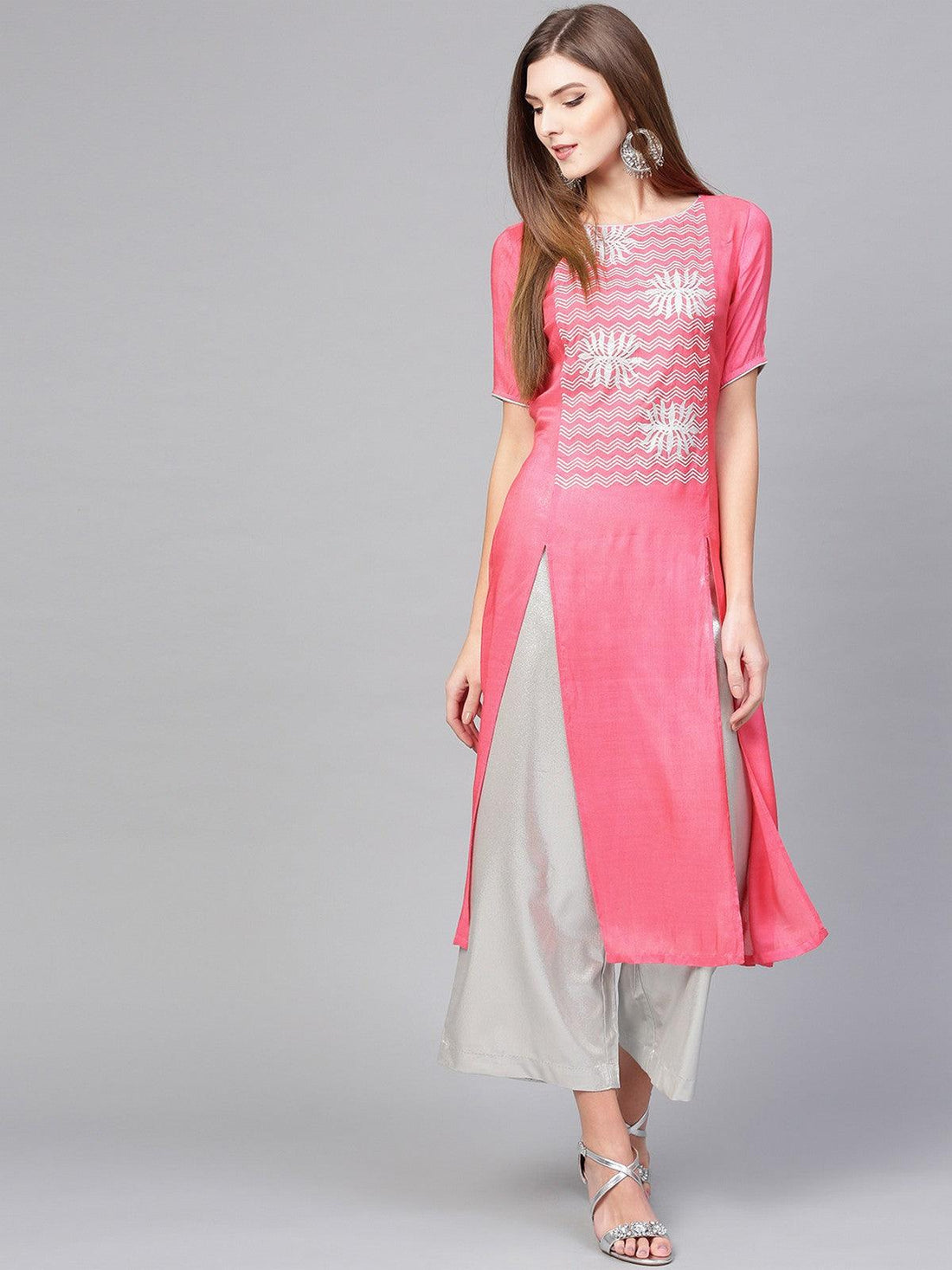Lotus Inspired Printed Double Slit Kurta (Fully Stitched) - Znxclothing
